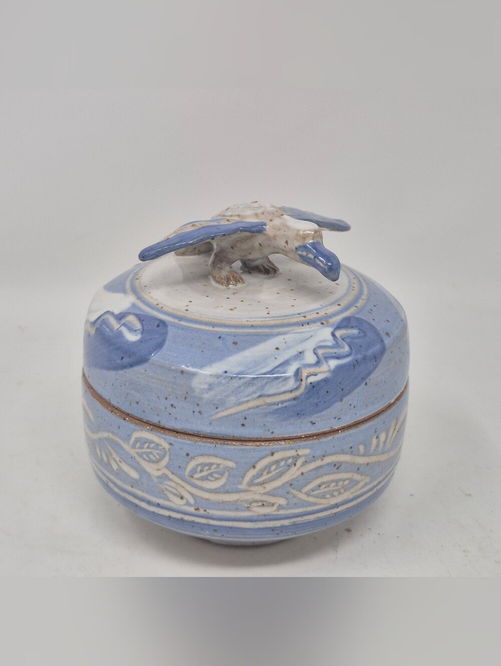 Studio Pottery Lidded Dish With Seagull Handle